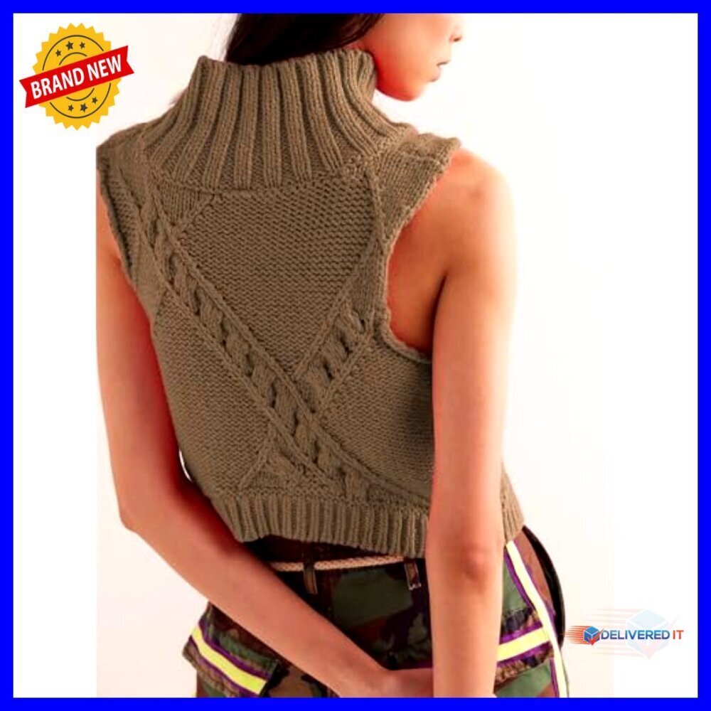 Turtleneck Crochet Sweater Vest Lightweight Knit Sleeveless Pullover - Picture 2 of 7